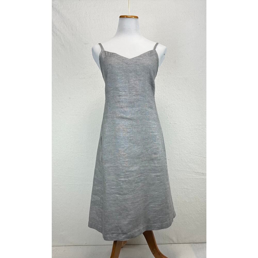 Eileen Fisher Silver Twinkle Metallic 100% Linen Cami Dress Minimalist SZ Small